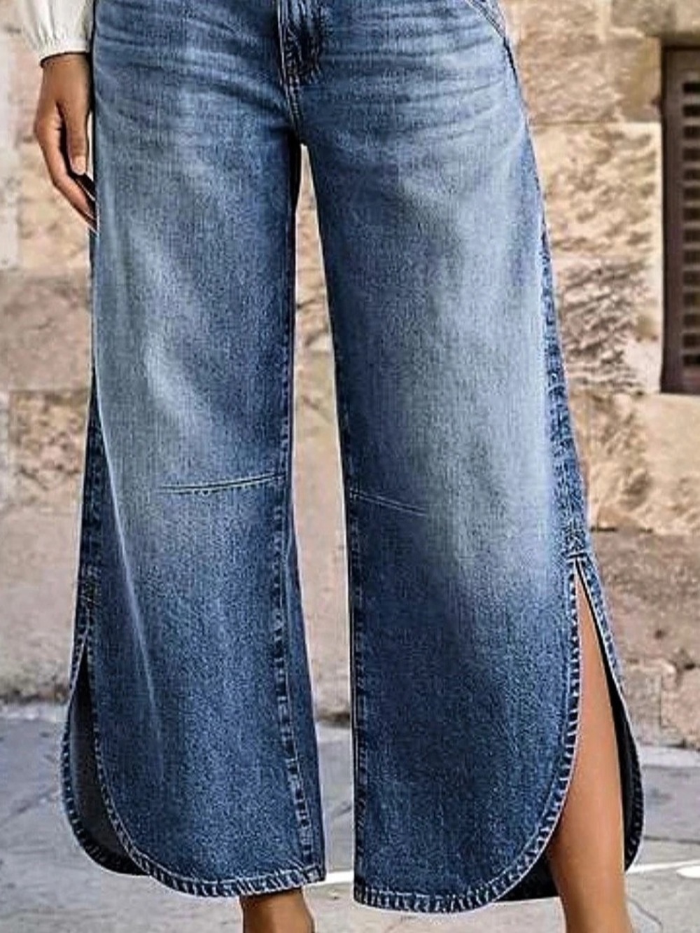 Flamingals Wash Stitch Detail Split Hem High Rise Wide Leg Crop Jeans Split Hem
